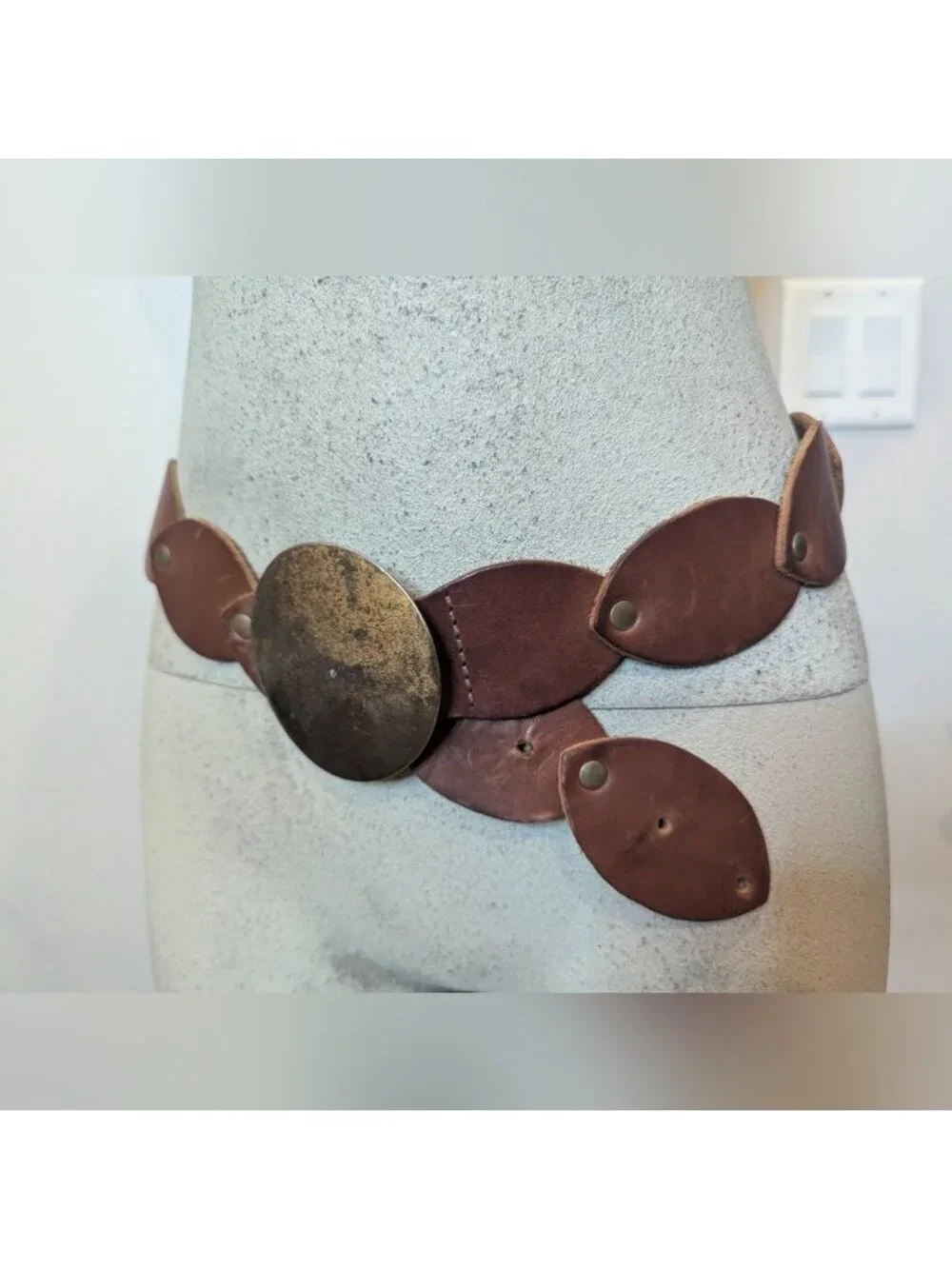 Vintage Leather disk rivet belt with brass metal buckle boho western 39.5